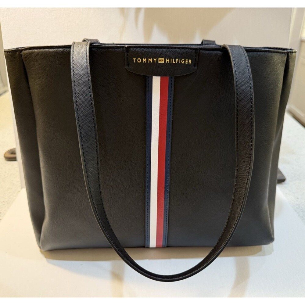 Tommy Hilfiger Large Tote Bag Black Purse Faux Leather Red Blue Stripe Classic